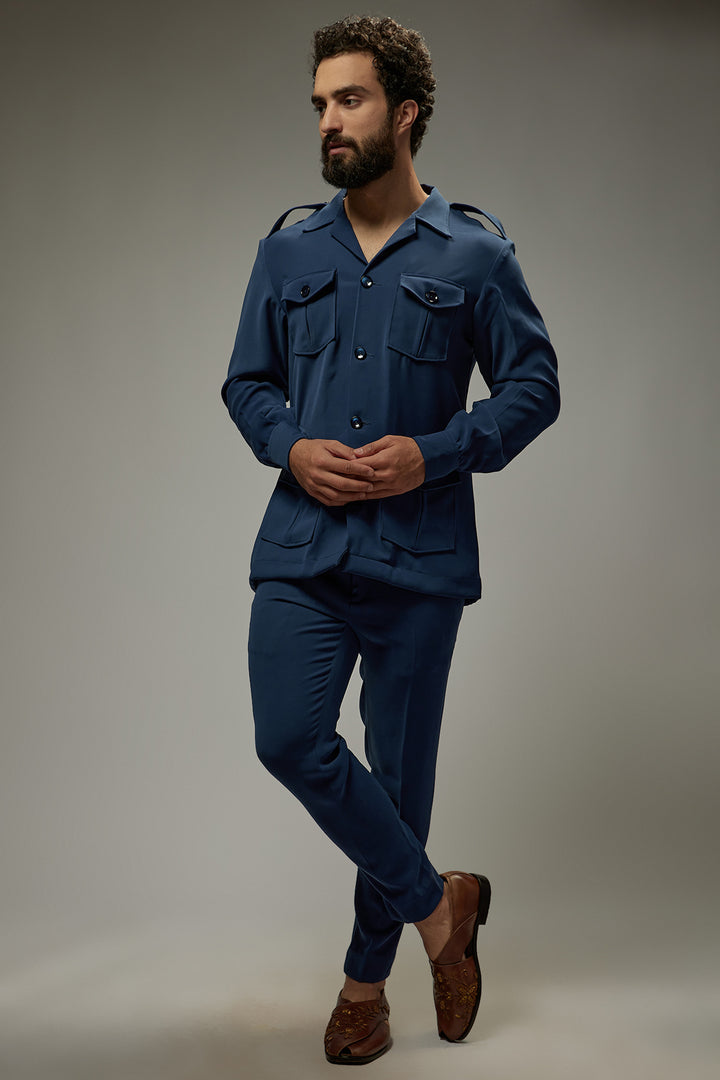Abees Blue viscose solid co-ord set mens - front view