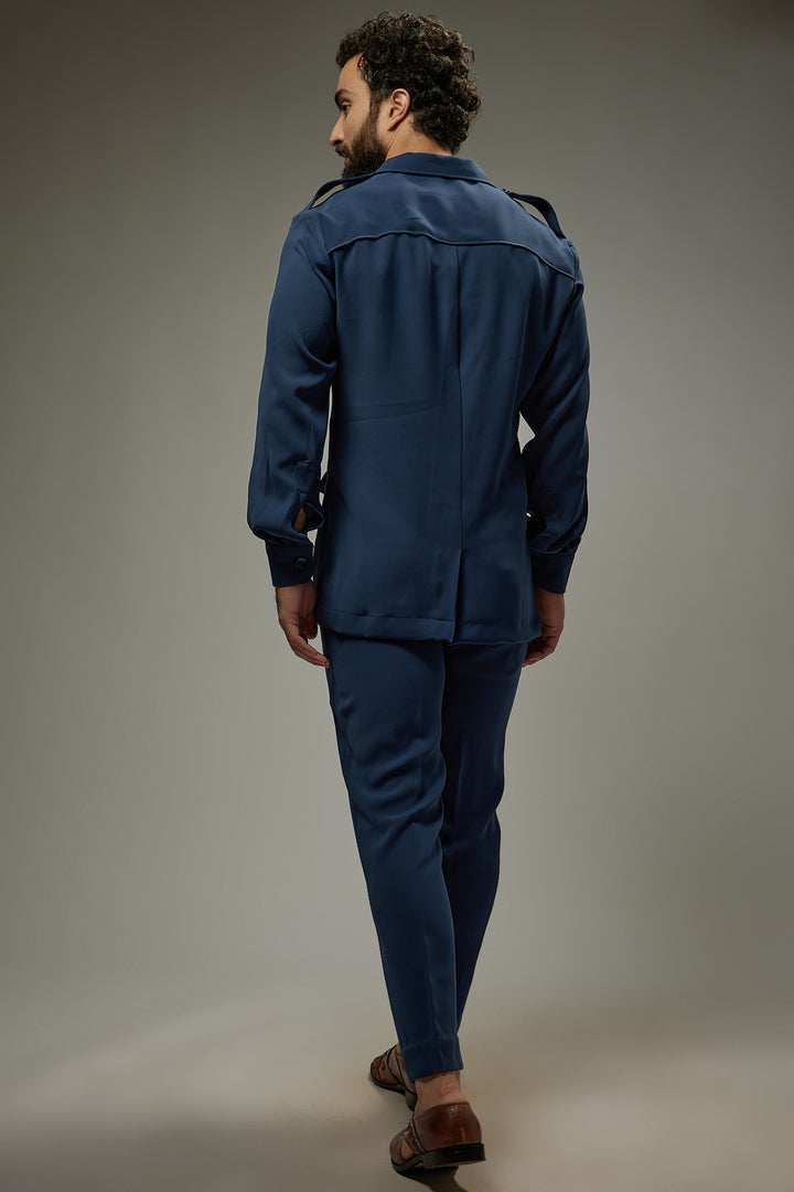 Abees Blue viscose solid co-ord set mens - back view