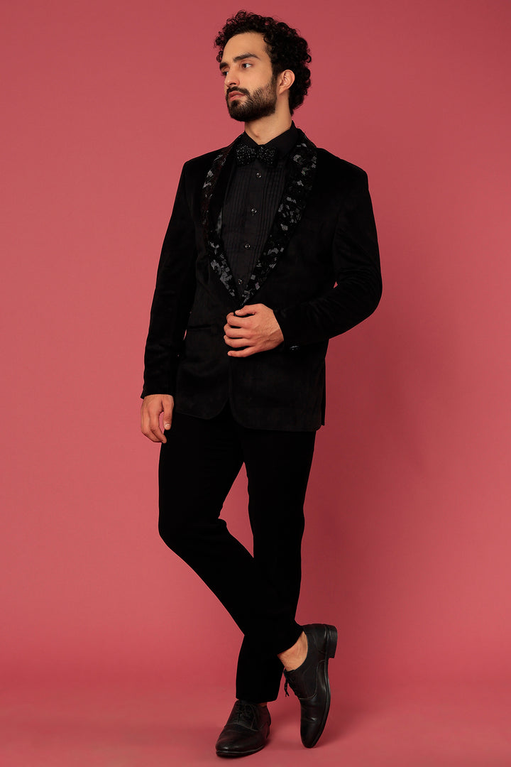 Abees Black velvet hand embroidered tuxedo set - front view