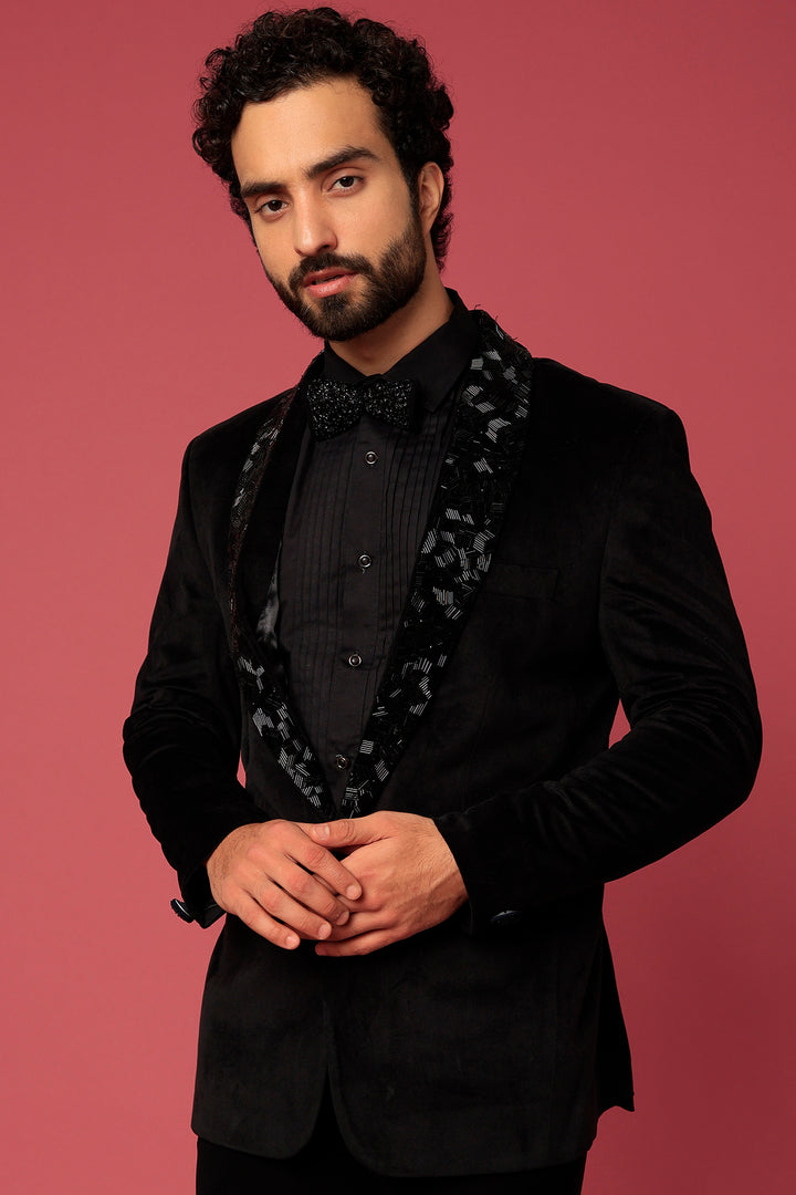 Abees Black velvet hand embroidered tuxedo set - side view