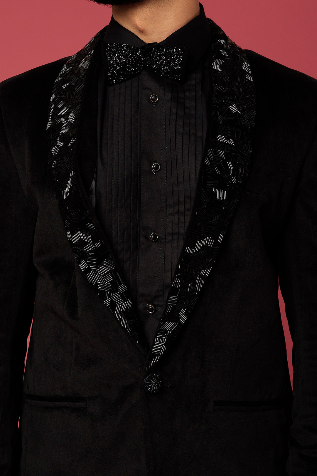 Abees Black velvet hand embroidered tuxedo set - detail view 1