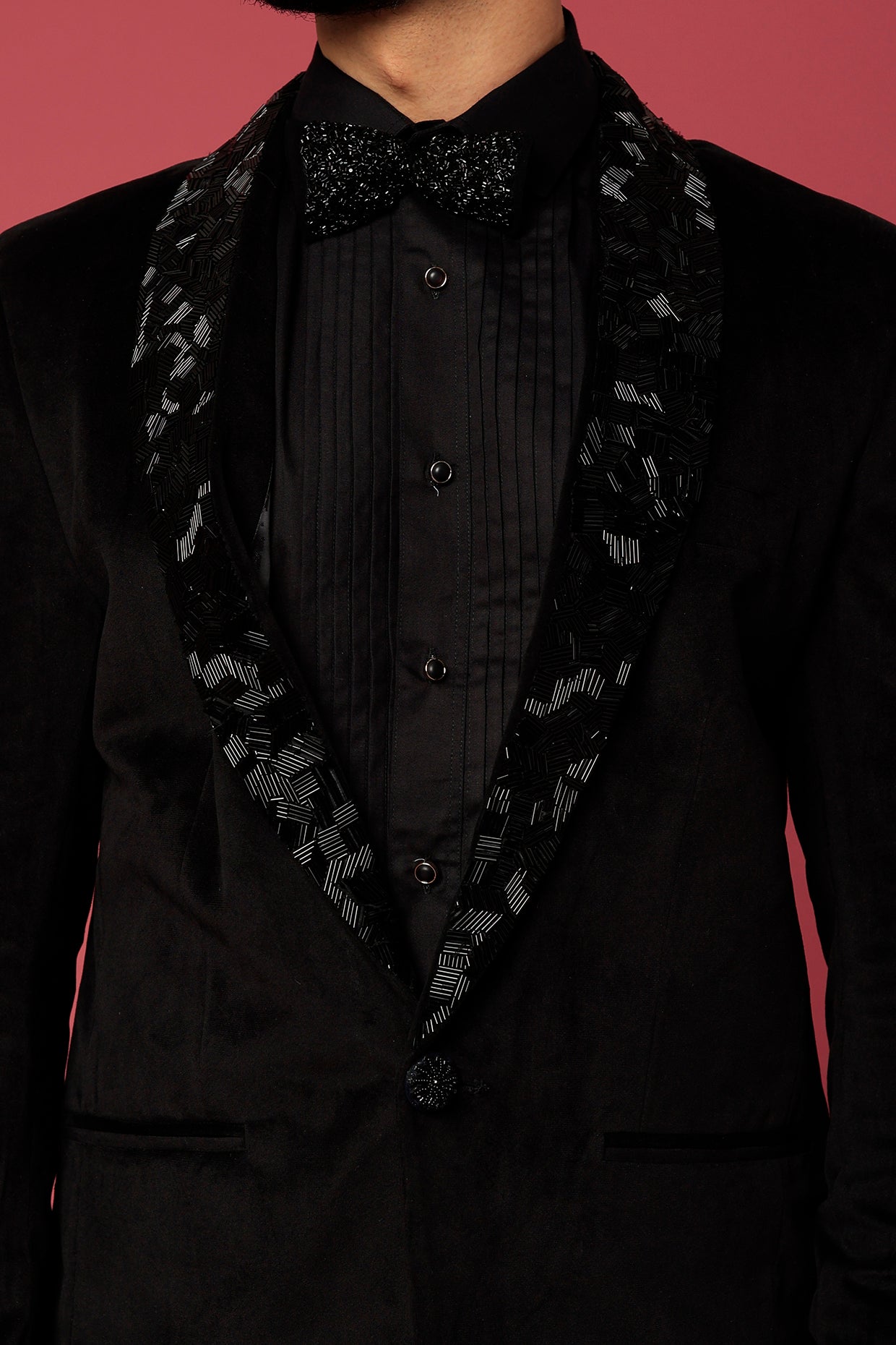 Abees Black velvet hand embroidered tuxedo set - detail view 1