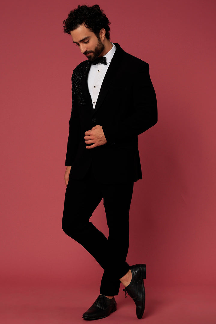 Abees Black hand embroidered tuxedo set - front view
