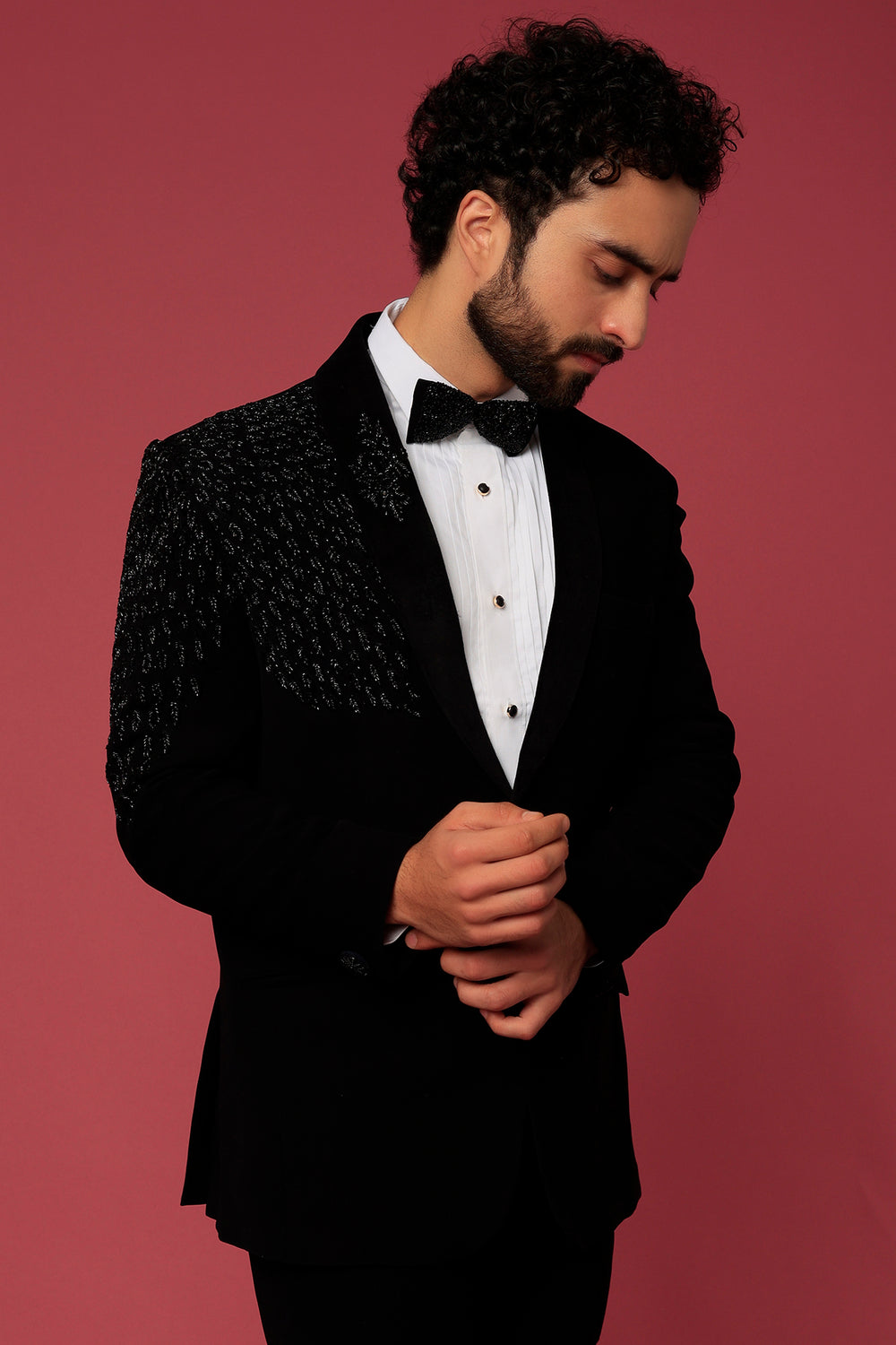 Abees Black hand embroidered tuxedo set - side view