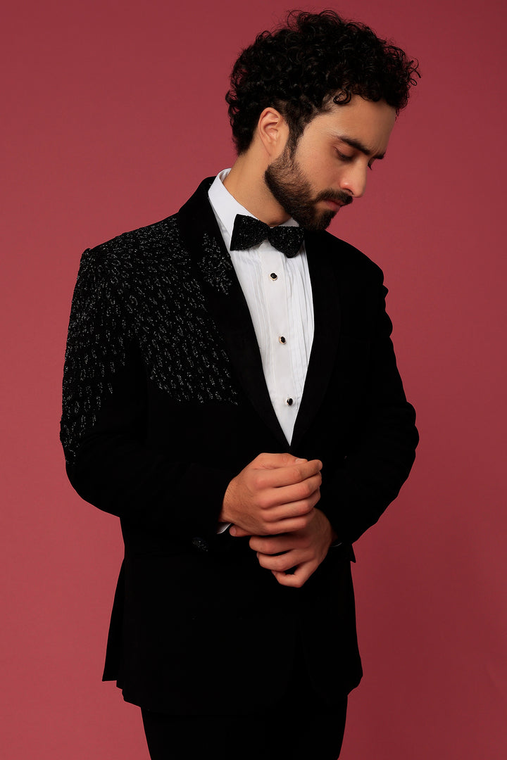 Abees Black hand embroidered tuxedo set - side view