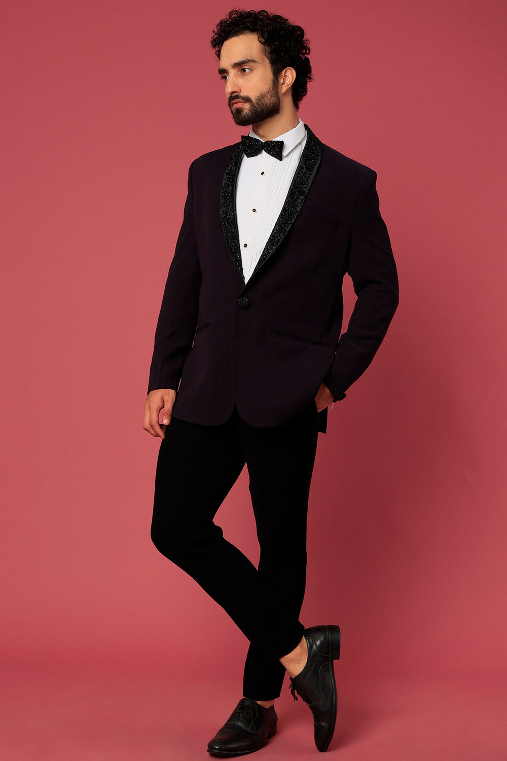 Abees Purple twill hand embroidered tuxedo set - front view