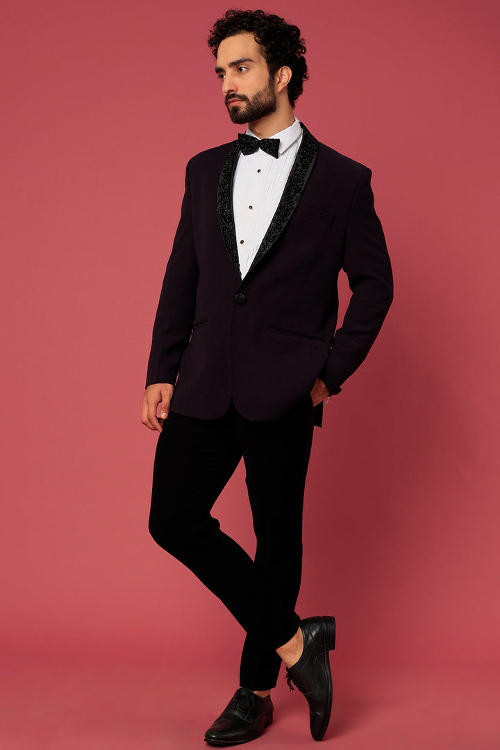 Abees Purple twill hand embroidered tuxedo set - front view