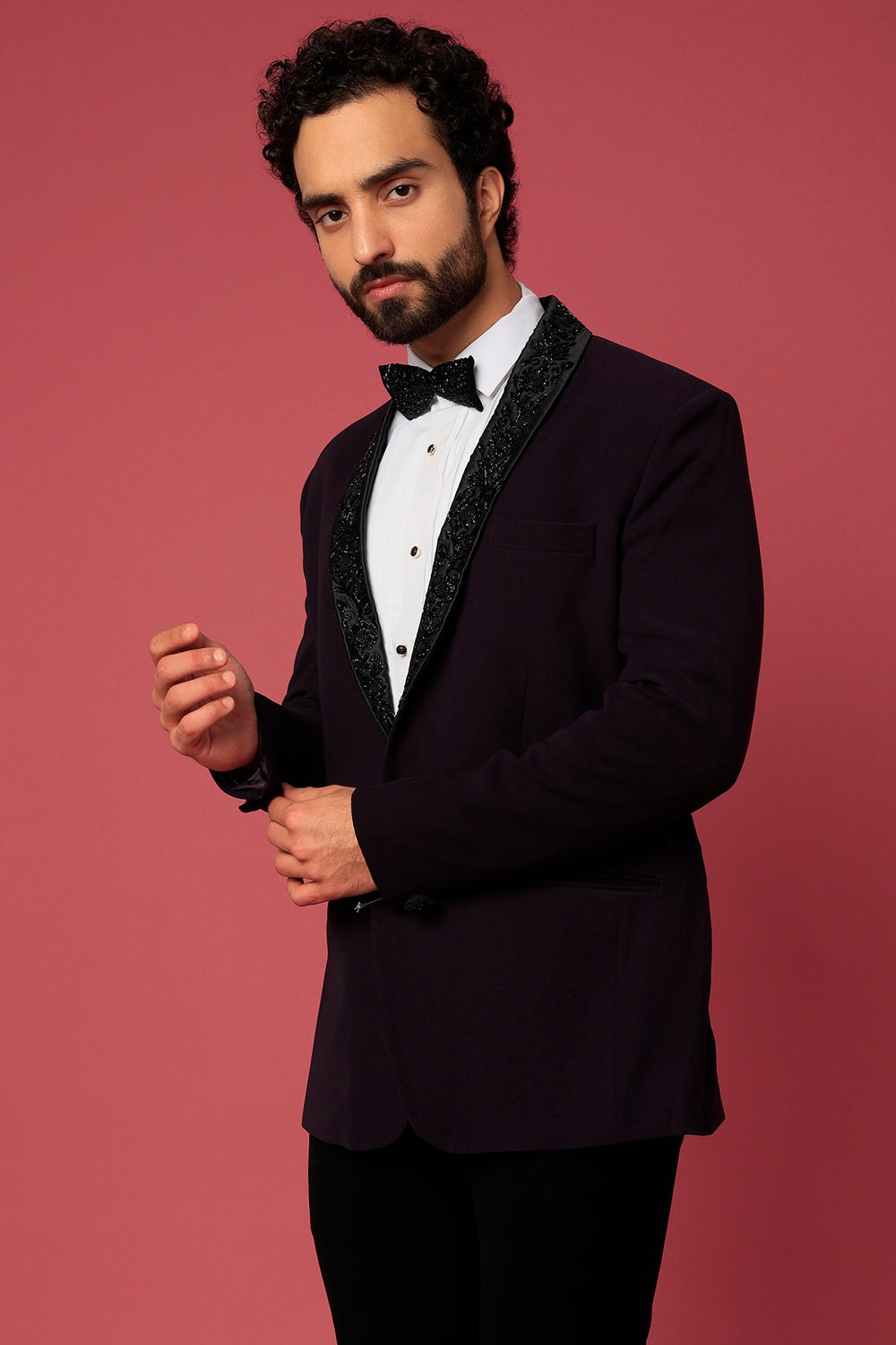 Abees Purple twill hand embroidered tuxedo set - side view