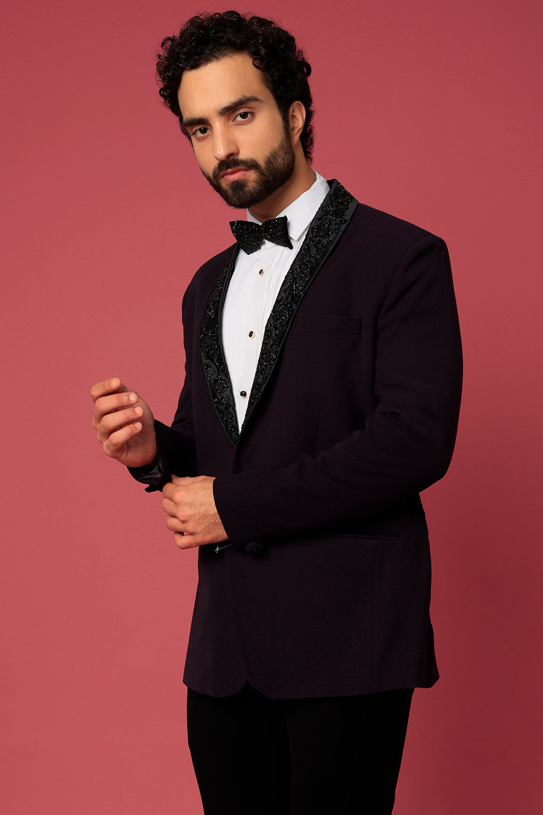 Abees Purple twill hand embroidered tuxedo set - side view