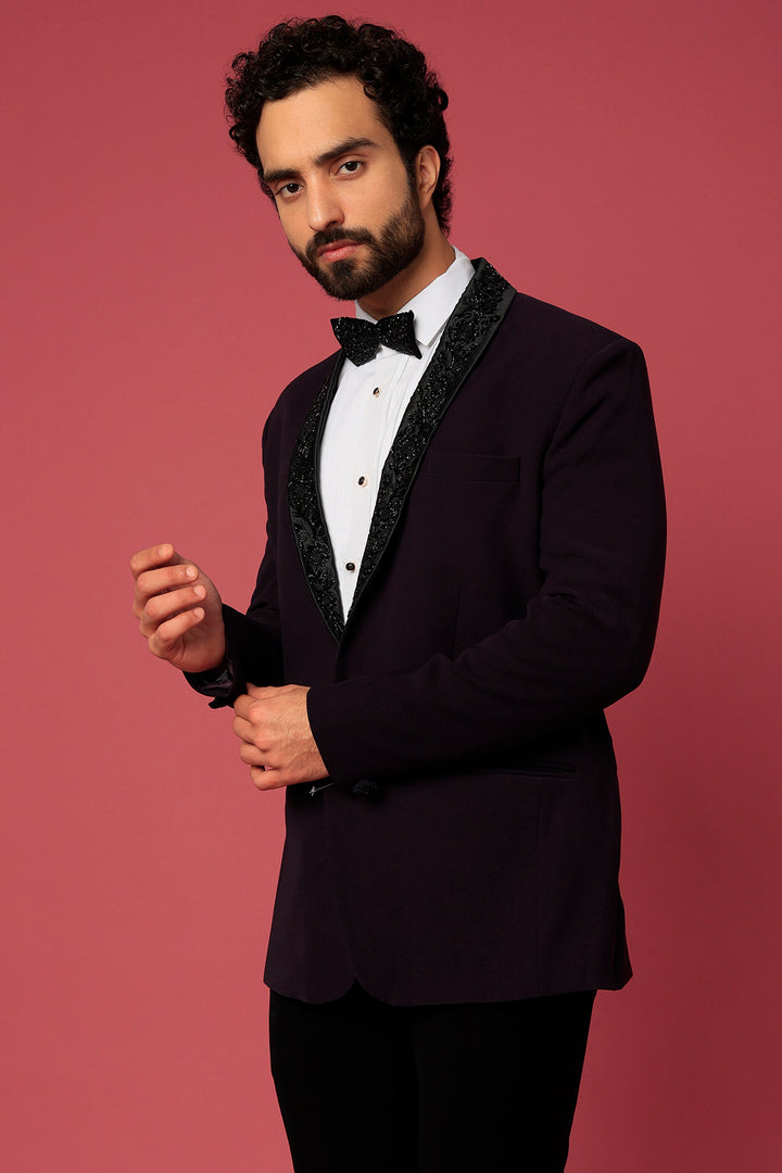 Abees Purple twill hand embroidered tuxedo set - side view