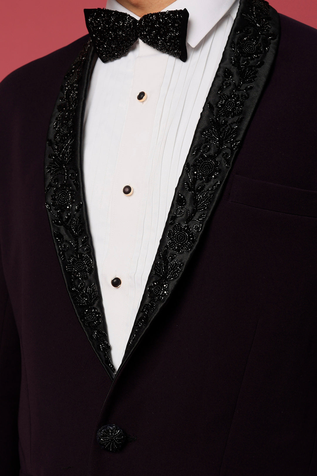 Abees Purple twill hand embroidered tuxedo set - detail view 1