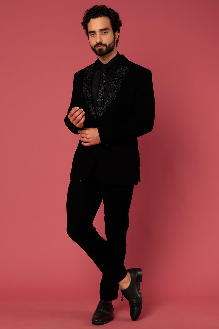 Abees Black hand embroidered tuxedo set - front view