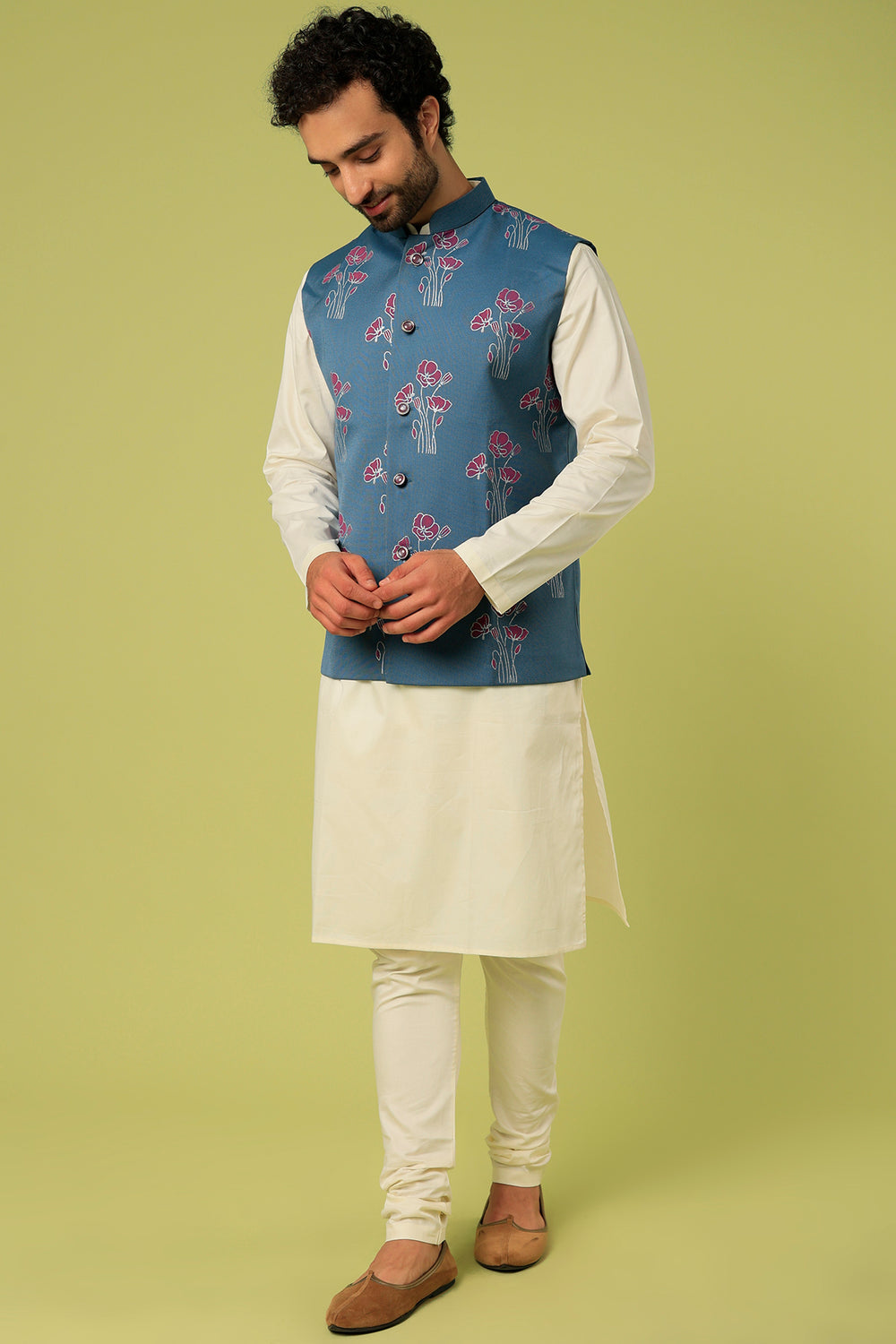 Abees Blue viscose printed Nehru jacket kurta set - front view
