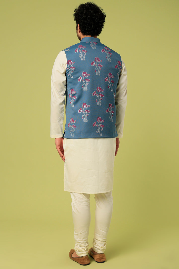 Abees Blue viscose printed Nehru jacket kurta set - back view