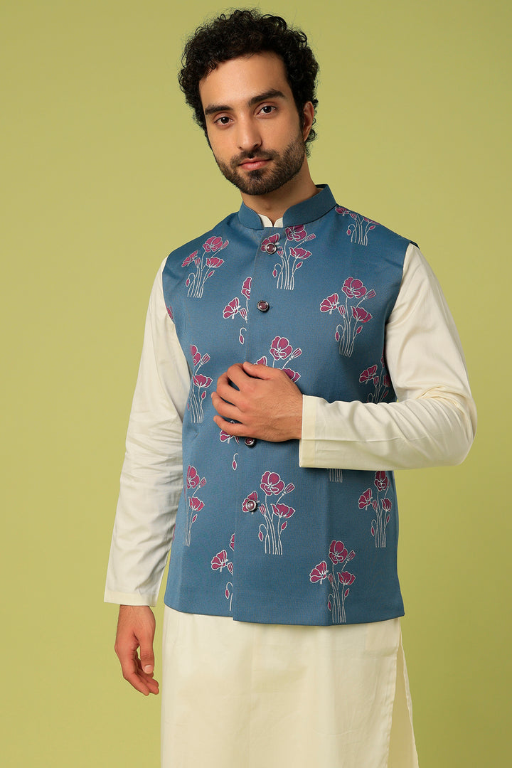 Abees Blue viscose printed Nehru jacket kurta set - detail view 1