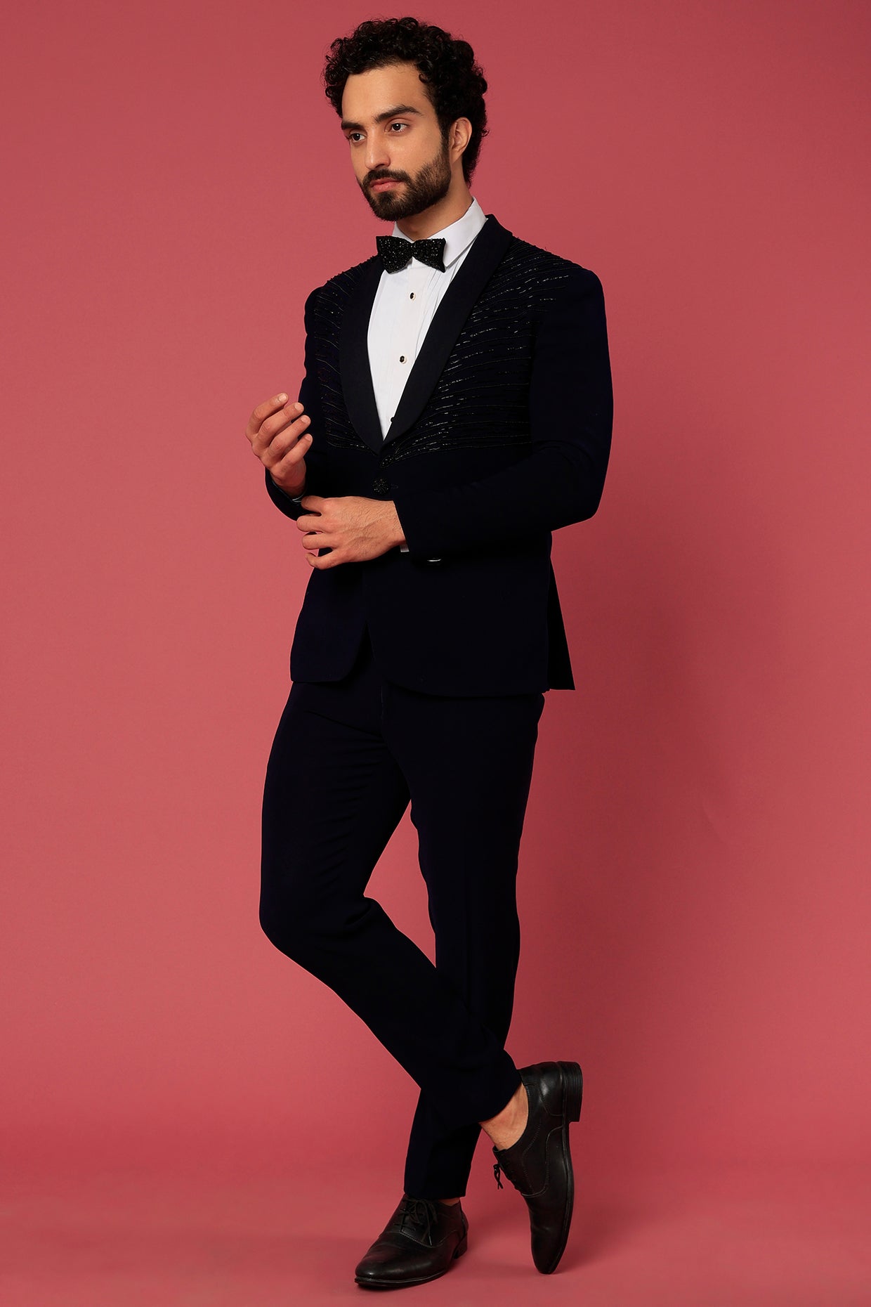 Abees Blue twill hand embroidered tuxedo set - front view