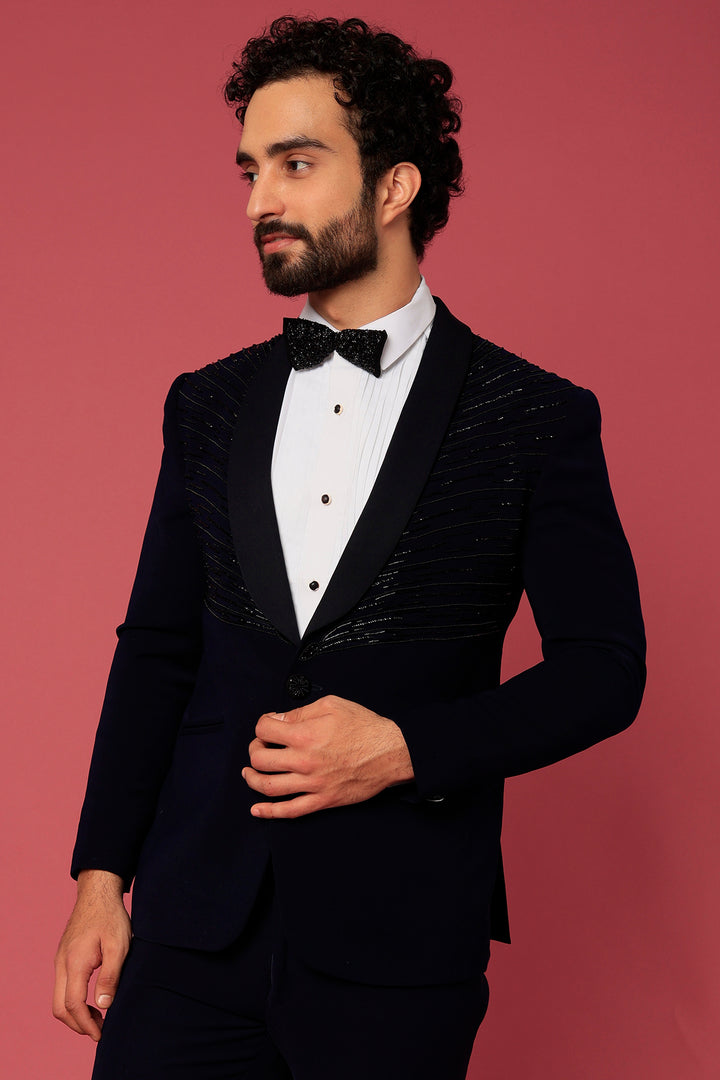 Navy Blue Twill Hand Worked Tuxedo Set