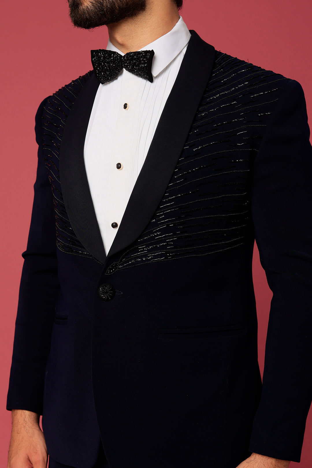 Navy Blue Twill Hand Worked Tuxedo Set