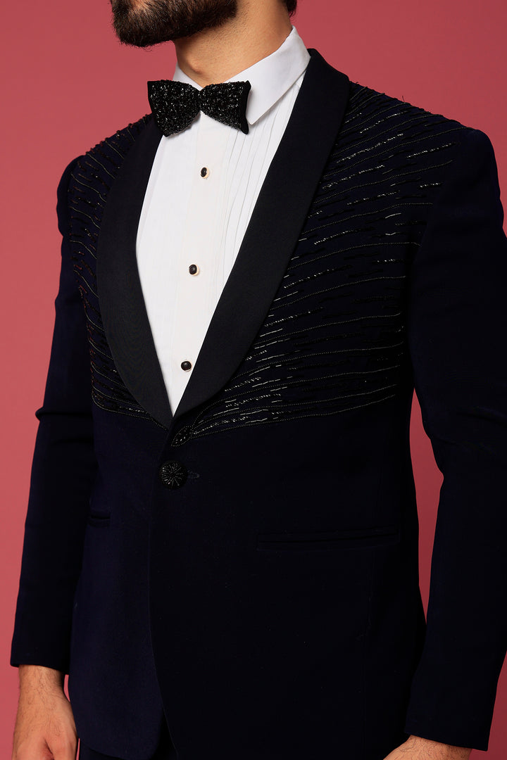 Navy Blue Twill Hand Worked Tuxedo Set