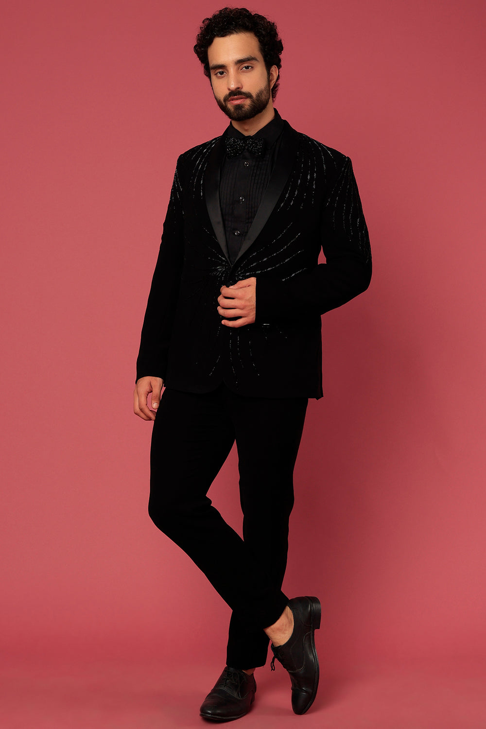 Abees Black hand embroidered tuxedo set - front view