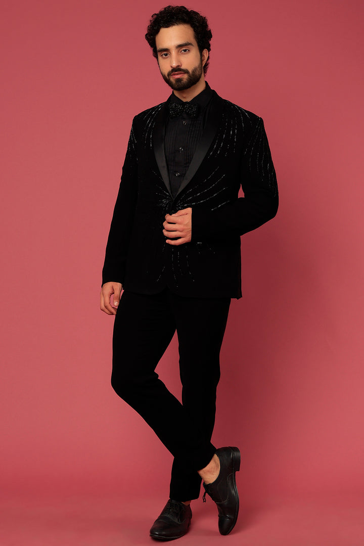 Abees Black hand embroidered tuxedo set - front view