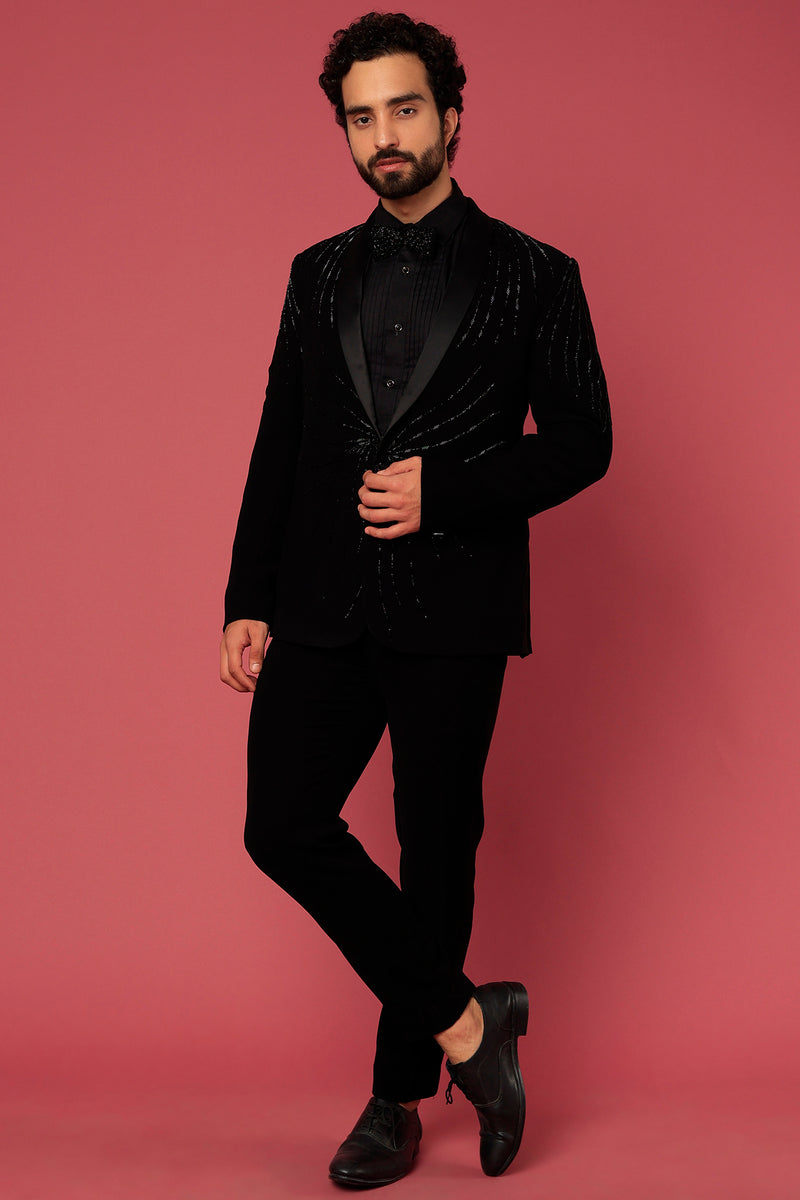 Abees Black hand embroidered tuxedo set - front view