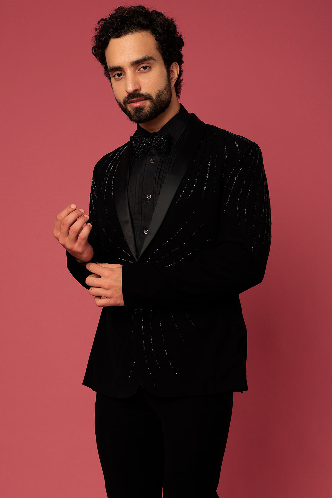 Abees Black hand embroidered tuxedo set - side view