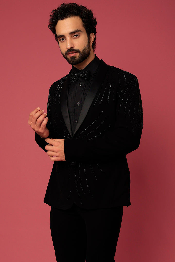 Abees Black hand embroidered tuxedo set - side view