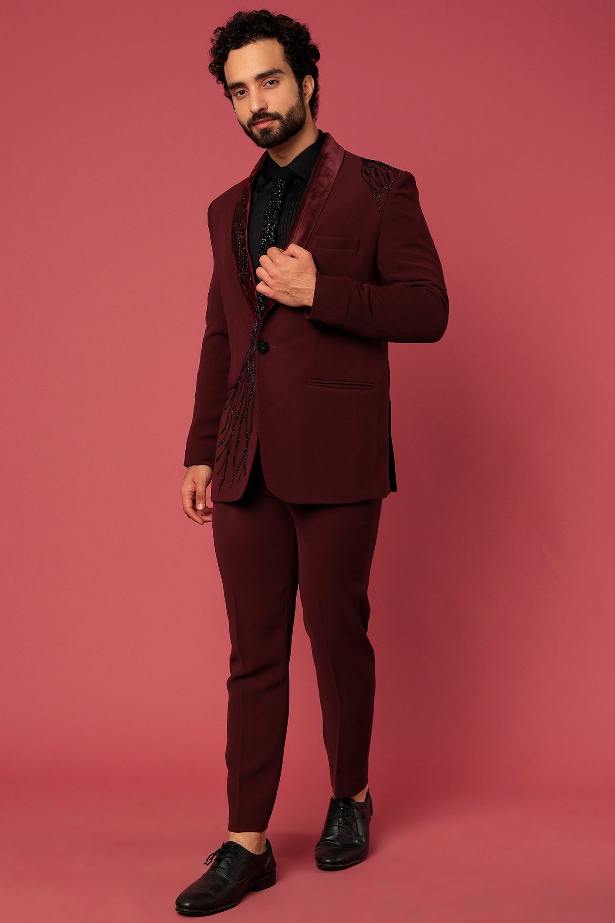 Abees Maroon hand embroidered tuxedo set - front view