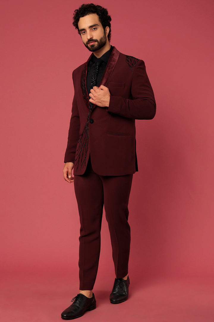 Abees Maroon hand embroidered tuxedo set - front view