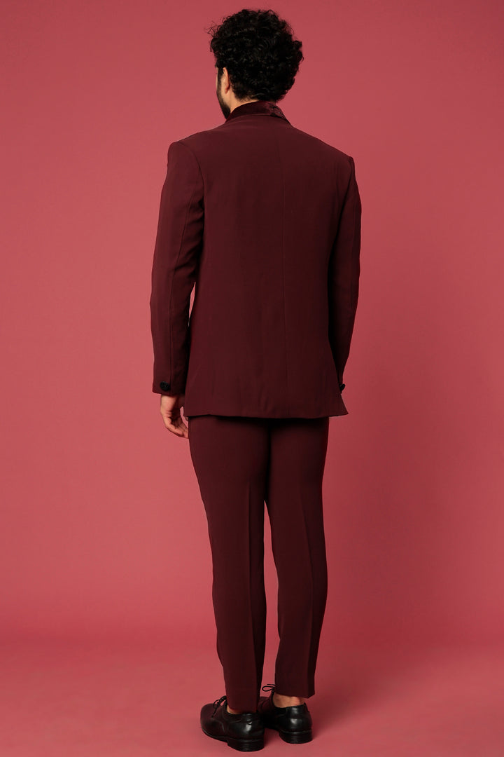 Abees Maroon hand embroidered tuxedo set - back view
