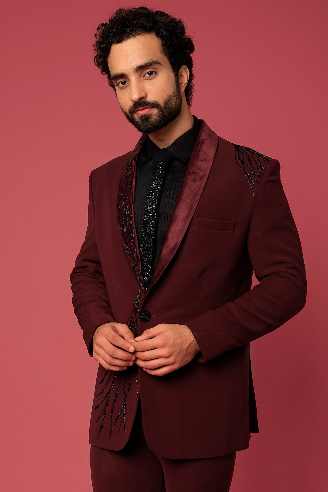 Abees Maroon hand embroidered tuxedo set - detail view 1