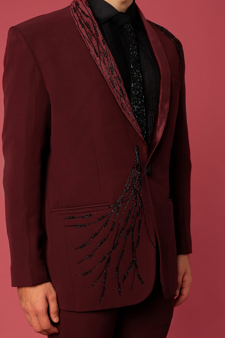 Abees Maroon hand embroidered tuxedo set - detail view 2