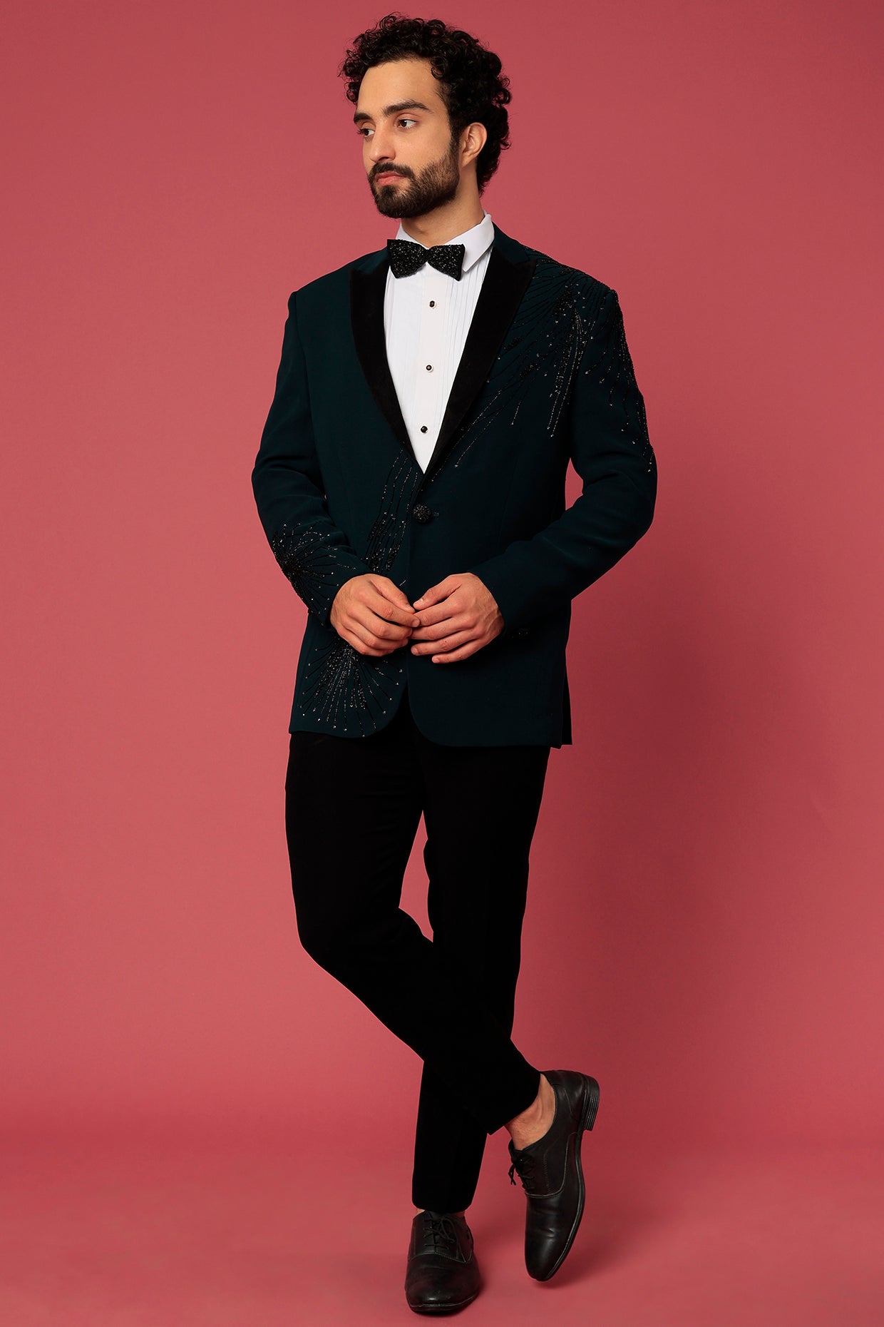 Abees Green twill hand embroidered tuxedo set - front view
