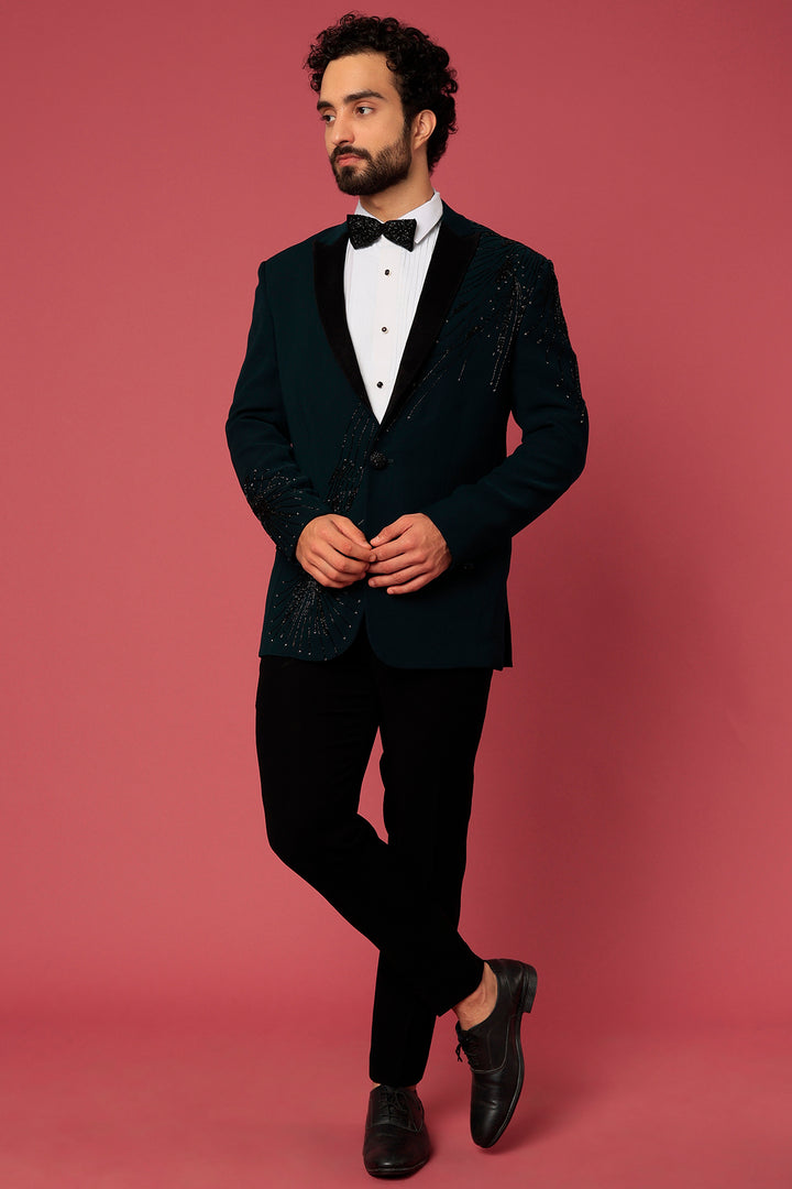 Abees Green twill hand embroidered tuxedo set - front view