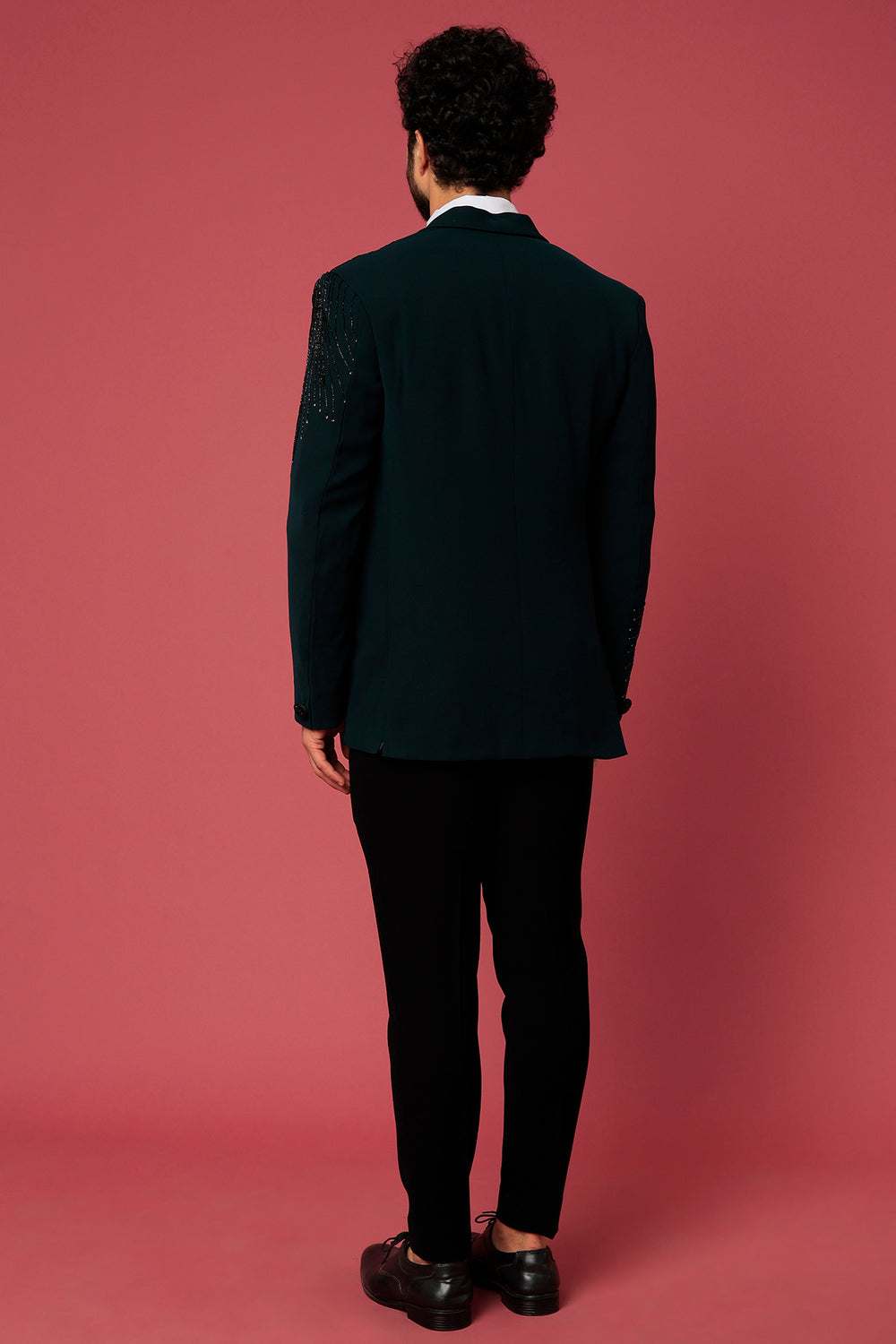 Abees Green twill hand embroidered tuxedo set - back view
