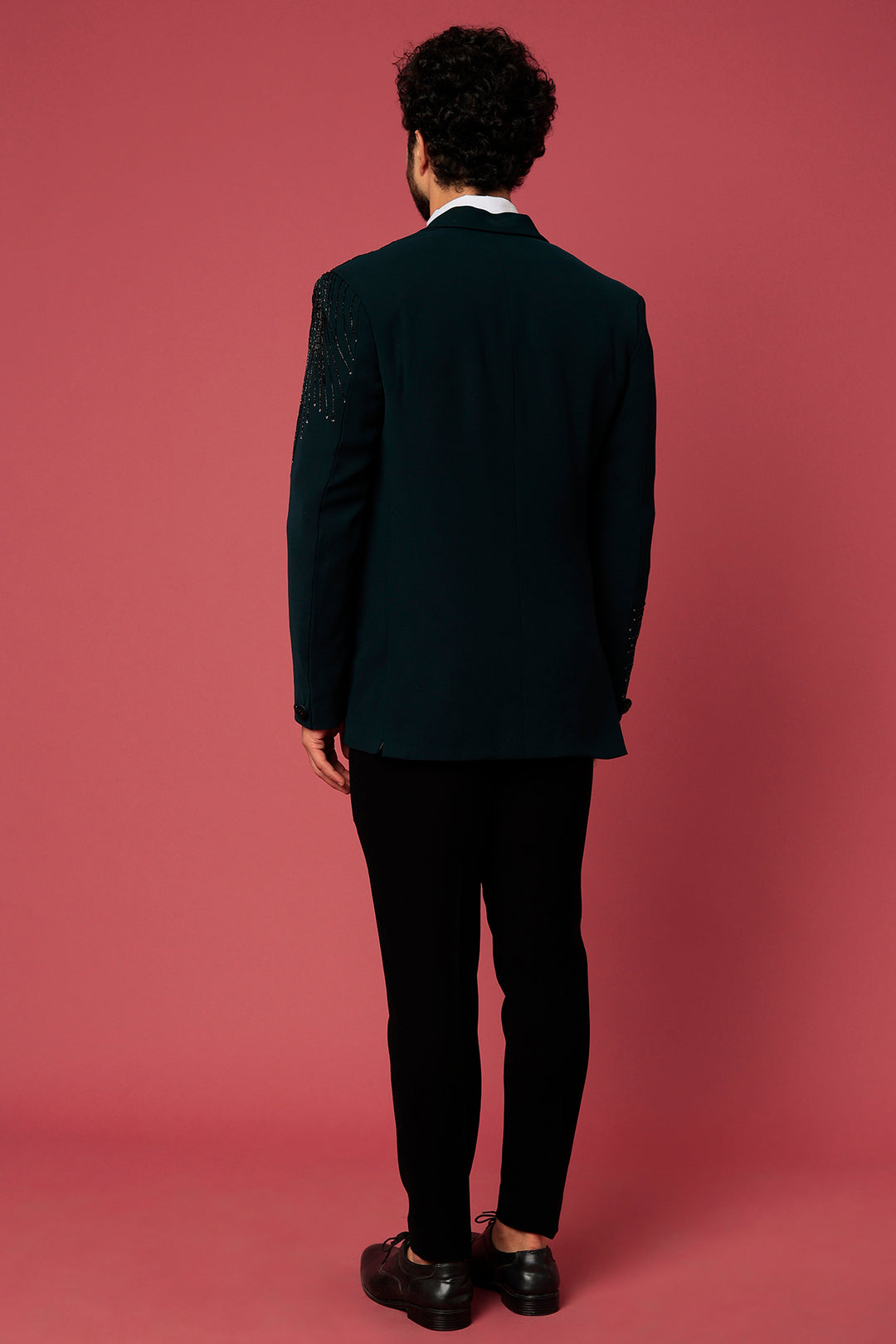Abees Green twill hand embroidered tuxedo set - back view