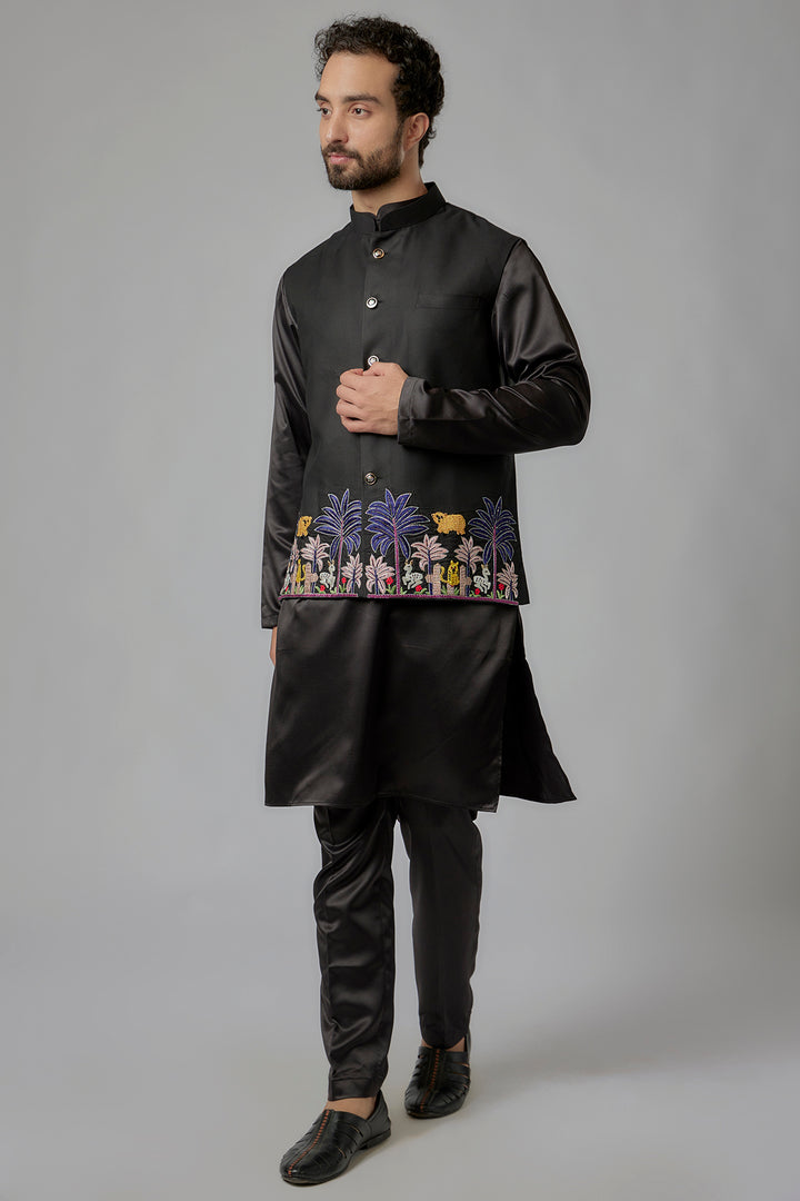 Abees Black cotton threadwork Nehru jacket bundi set - front view