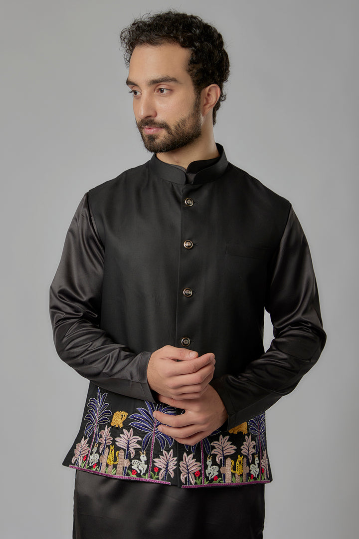 Abees Black cotton threadwork Nehru jacket bundi set - back view