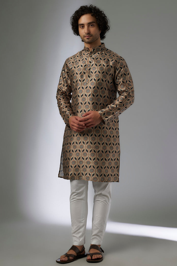 Abees Black silk printed kurta set - front view