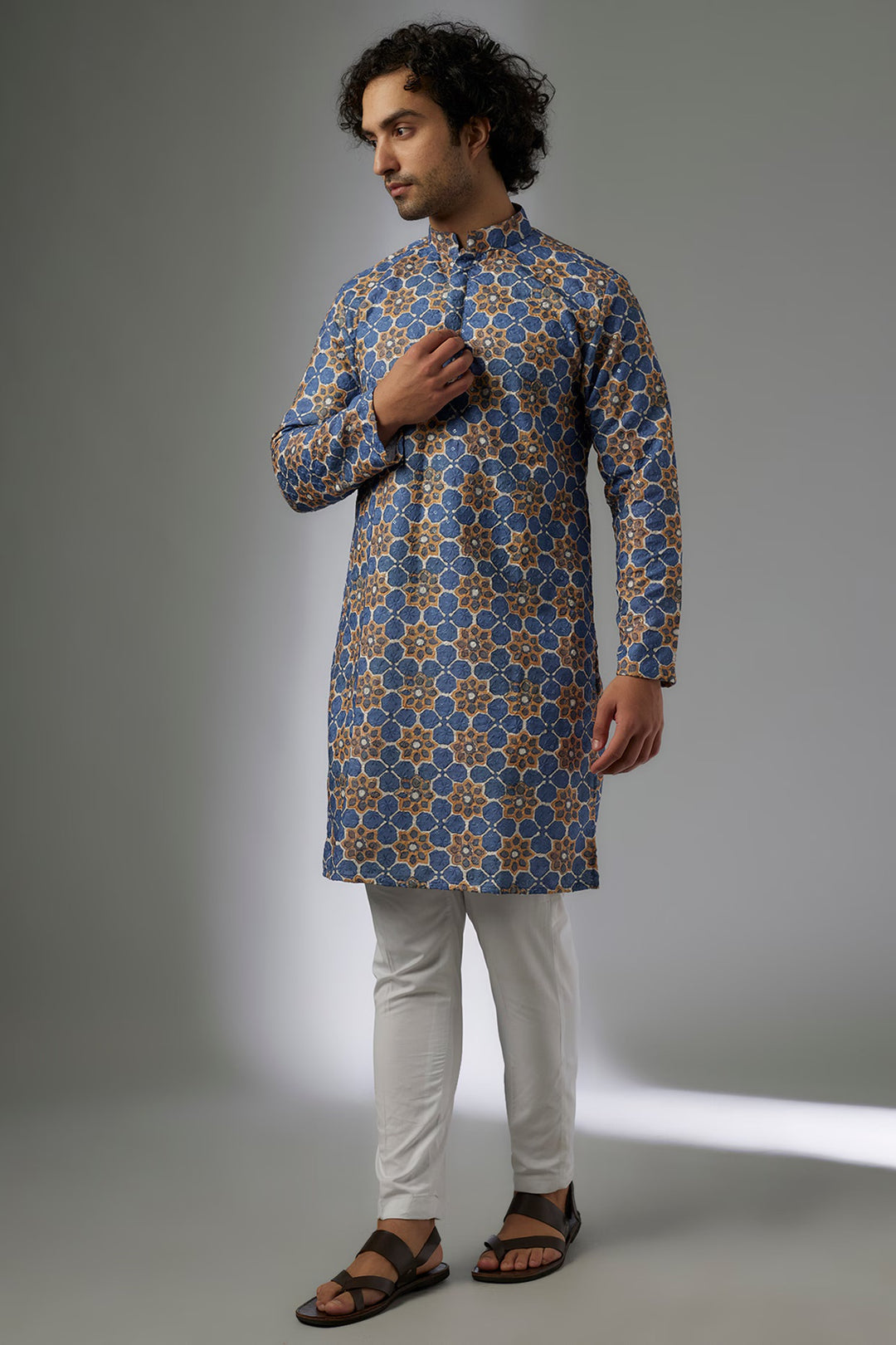 Abees Blue cotton sequin printed kurta set - front view