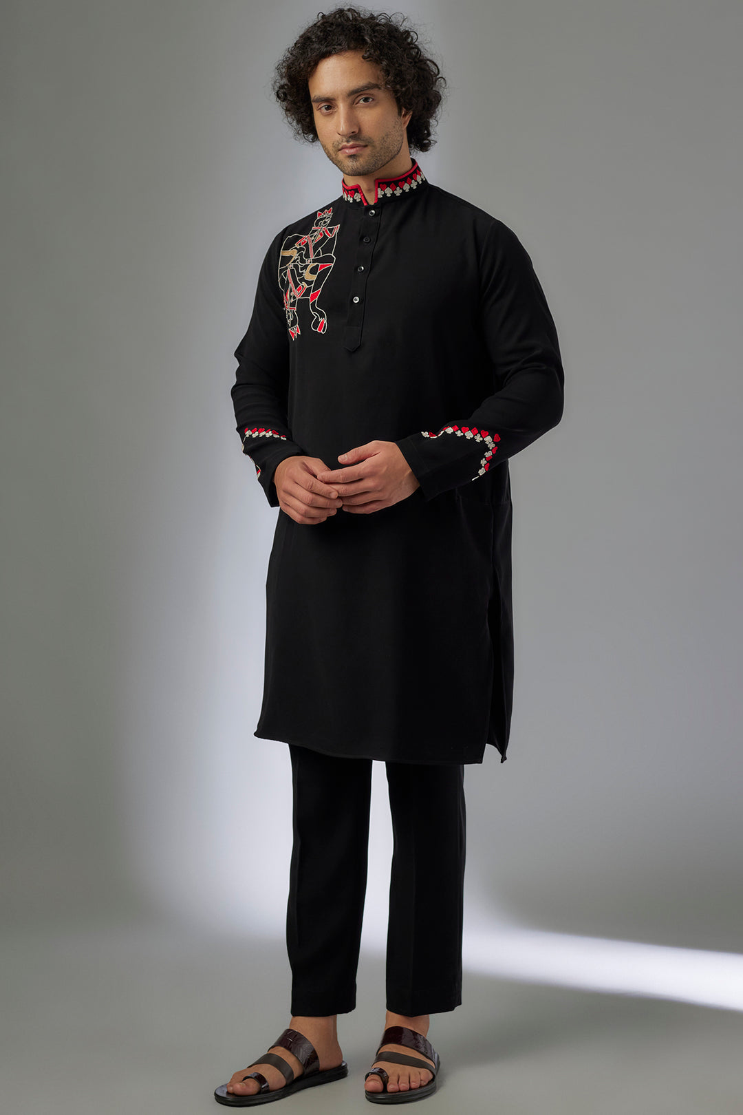 Abees Black viscose hand embroidered kurta set - front view