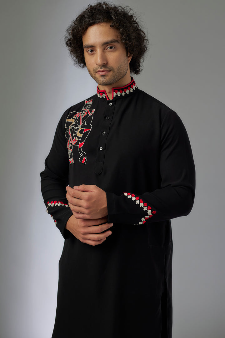 Abees Black viscose hand embroidered kurta set - back view