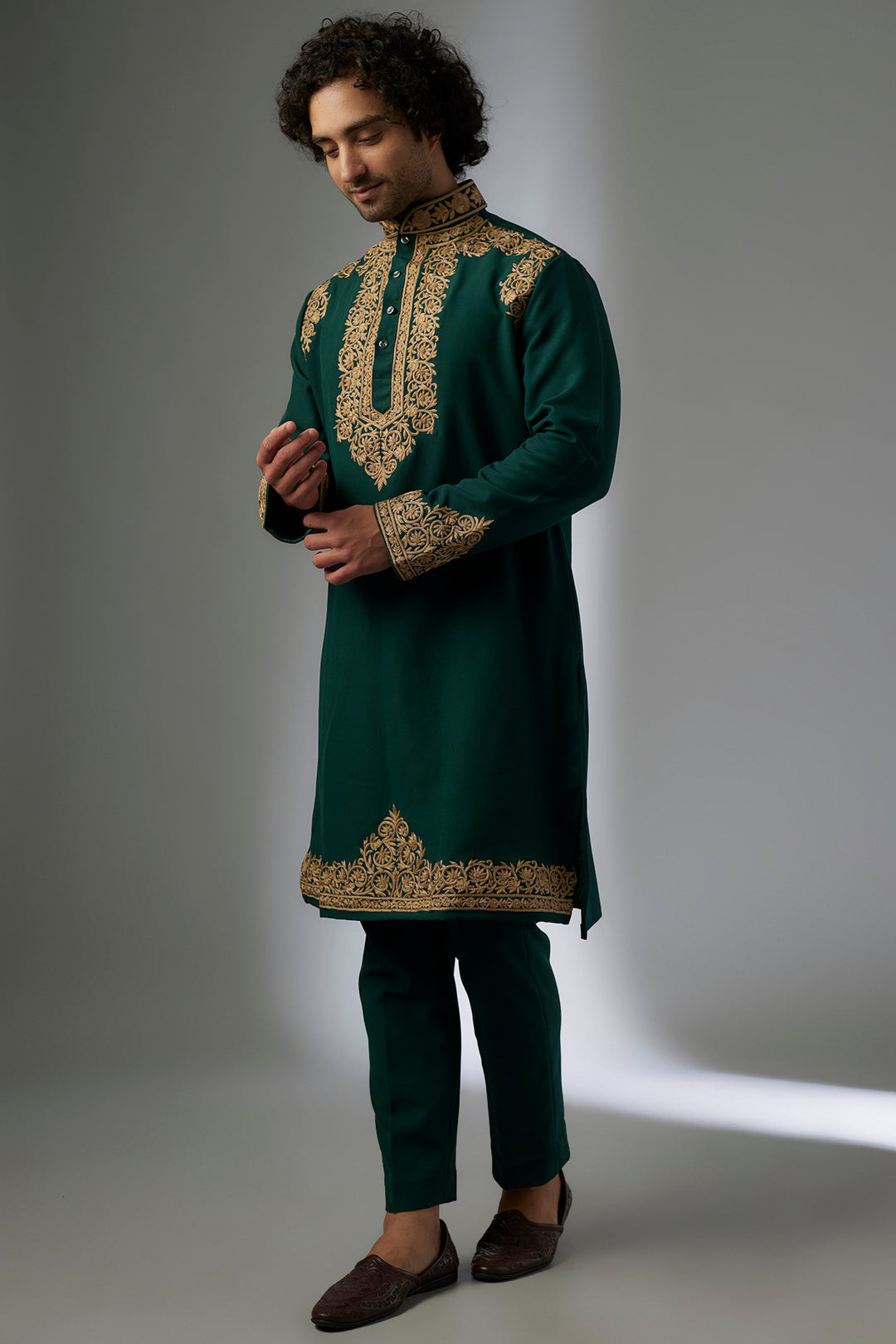 Abees Green viscose hand embroidered kurta set - front view