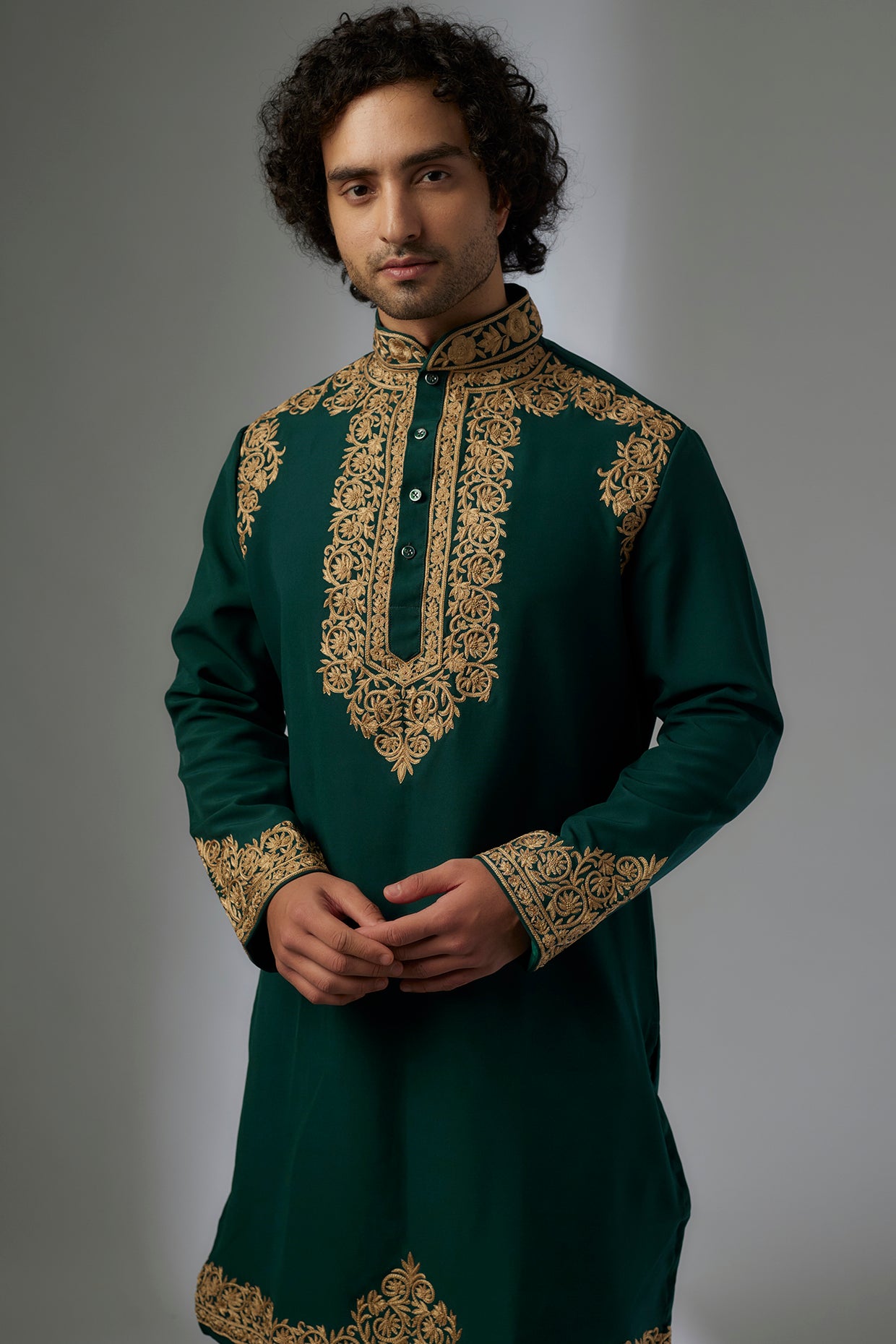 Bottle Green Japanese Rayon Hand Embroidered Kurta Set