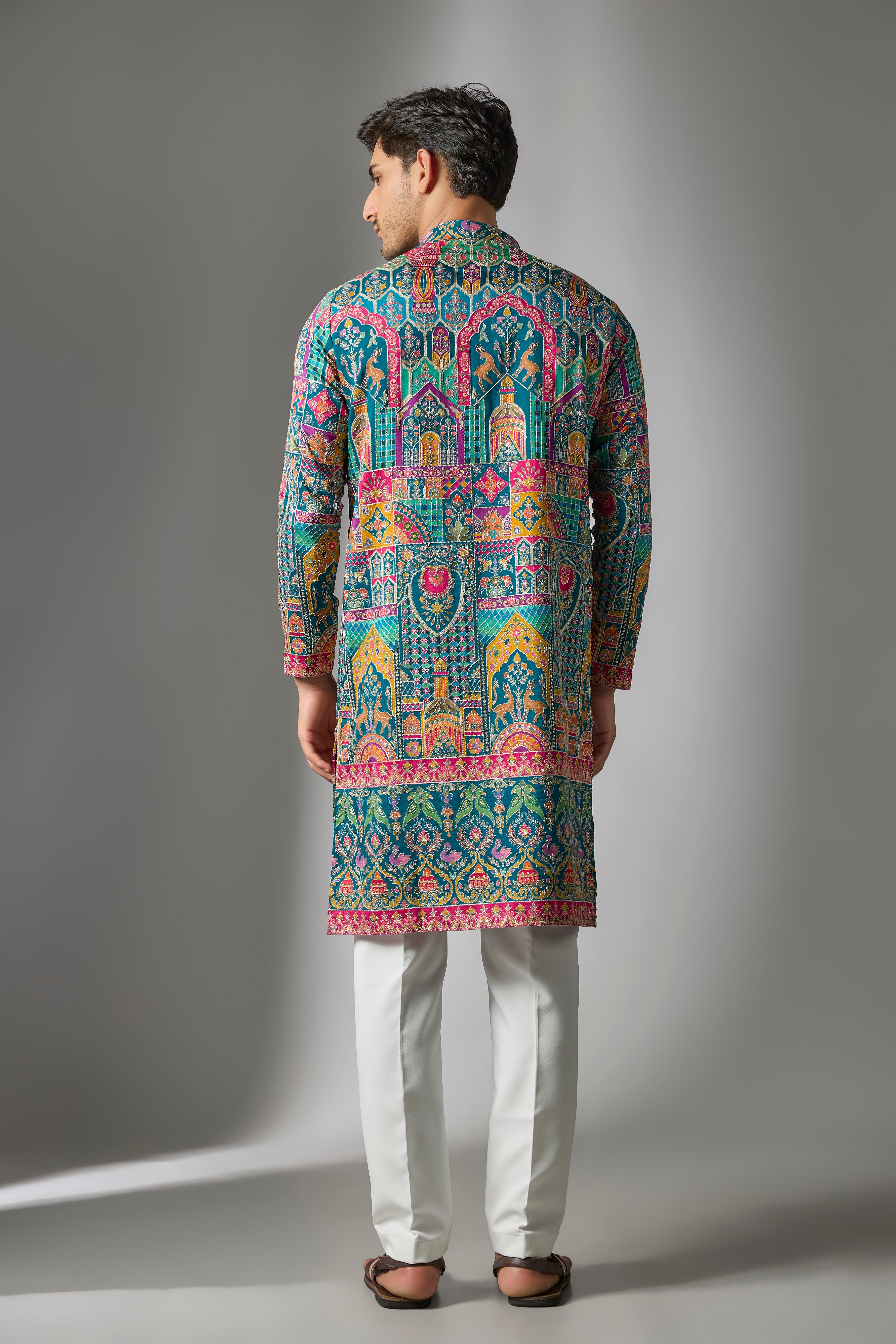 Multi-Colored Cotton Silk Printed & Embroidered Kurta Set