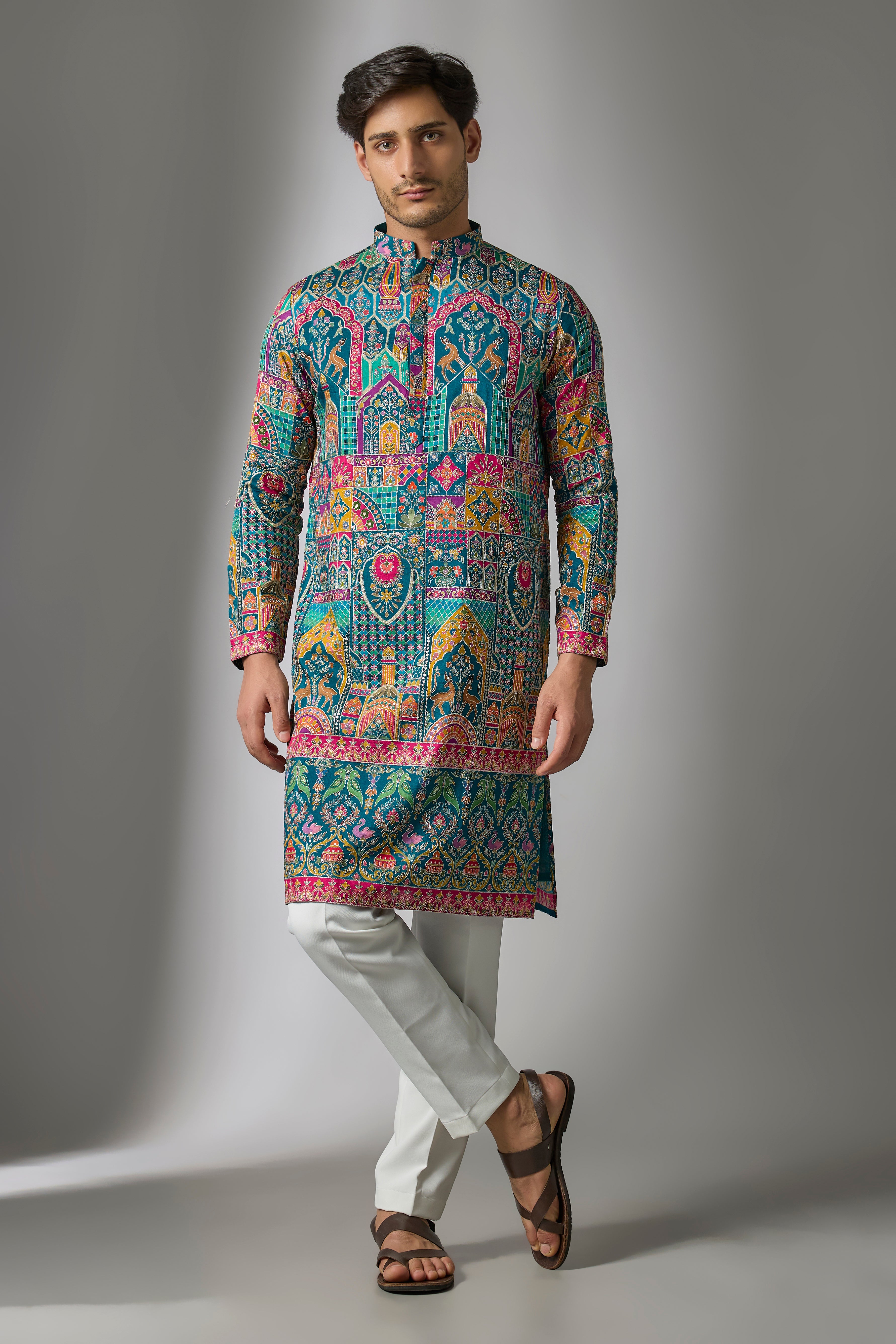 Multi-Colored Cotton Silk Printed & Embroidered Kurta Set