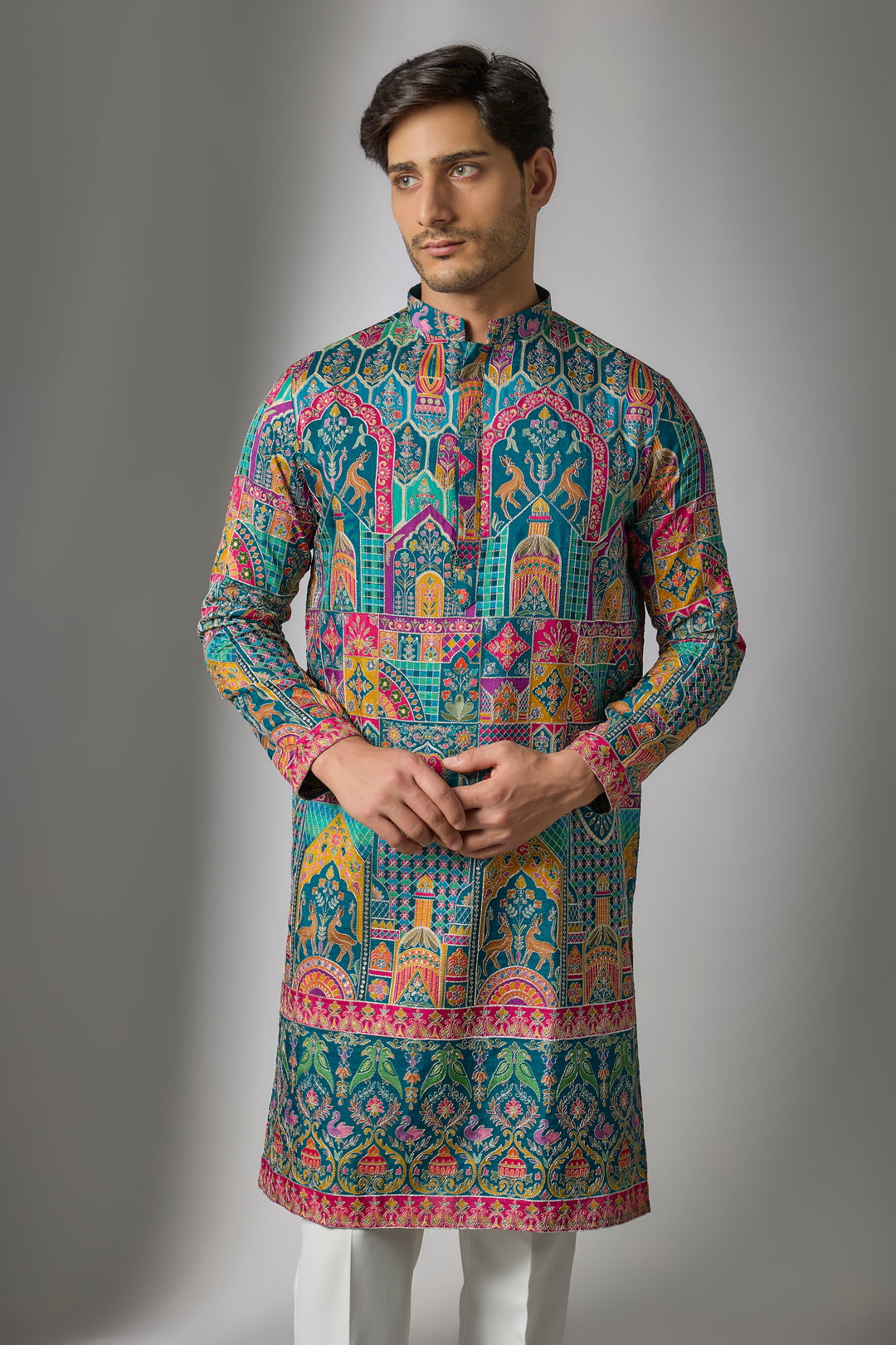Abees Multi cotton silk printed embroidered kurta set - side view