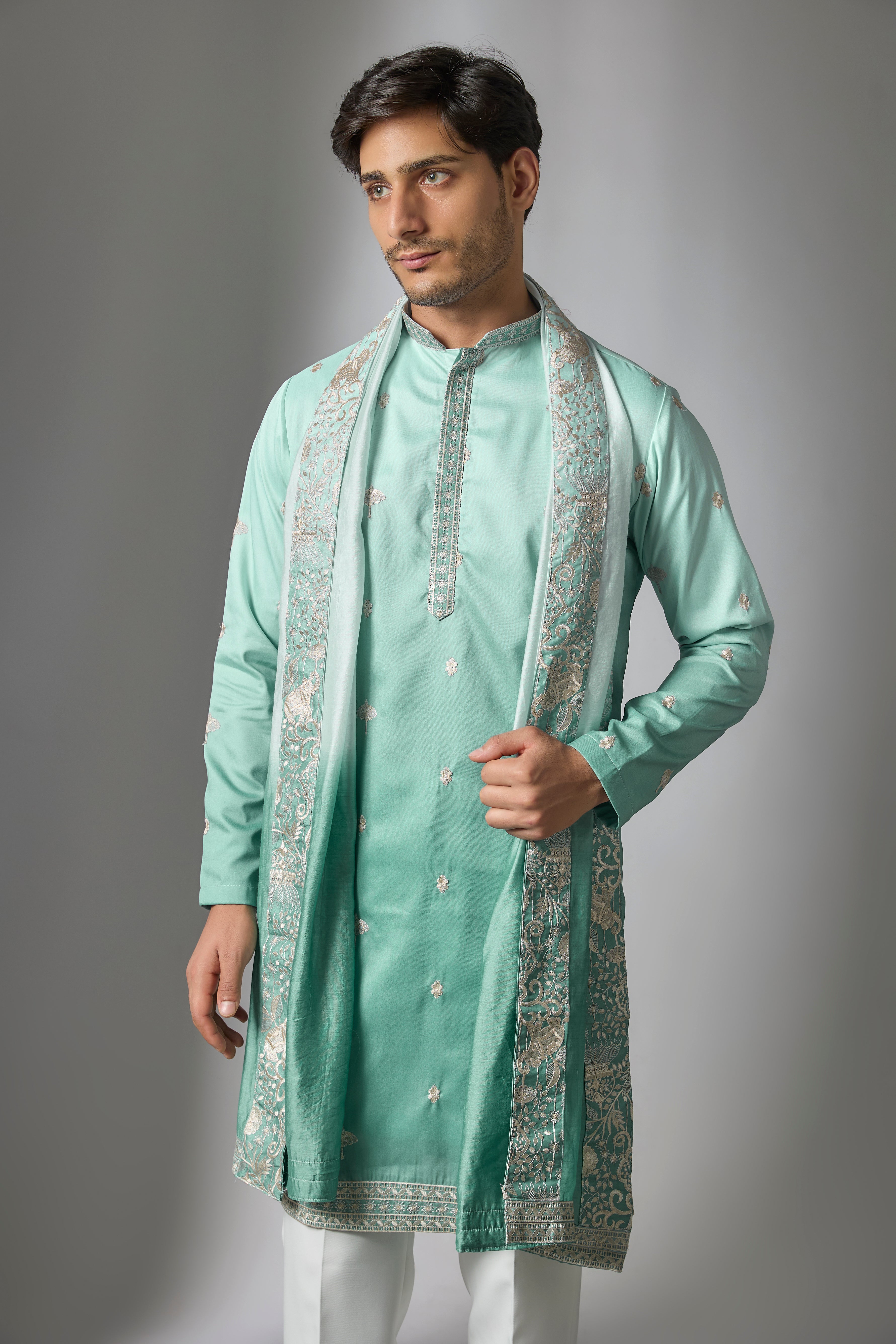 Blue Ombre Cotton Silk Resham Embroidered Kurta Set
