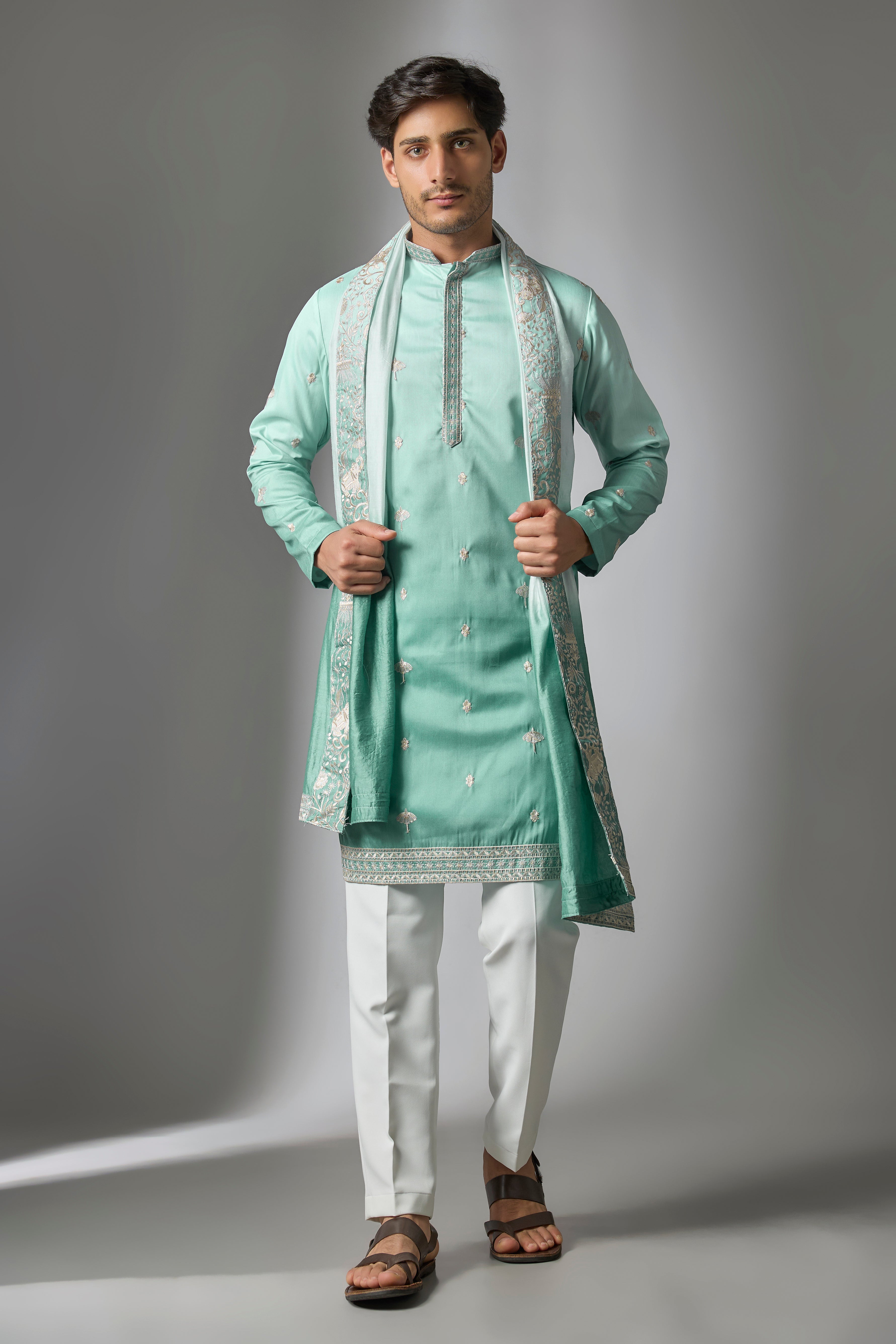 Blue Ombre Cotton Silk Resham Embroidered Kurta Set